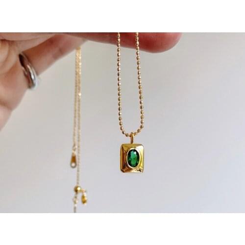 Brass With 18K Gold Square Green Color Necklace Women Jewelry Designer T Show Runway Gown Rare INS Japan