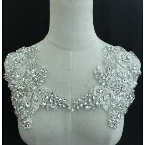 Rhinestone Crystal Beaded Iron on Bridal Applique Pair for Wedding Sash Belt , Gown Straps