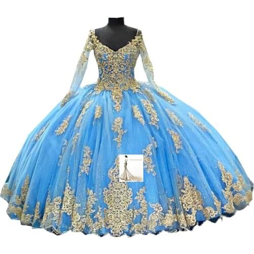 Geogeous Sky Blue V neck Long Sleeves Ball Gown Quinceanera Prom Dresses for 15 Years girl Sequined Tulle 2021 Cheap