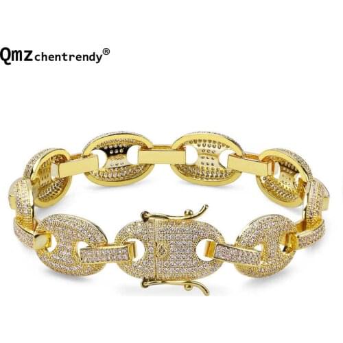 Drop Shipping Women Men Curb Cuban Hip hop Coffee Bean Bracelets Copper Lab Bling Iced Out Full AAA Micro Pave CZ Chain Bangles