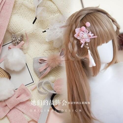 Gray Pink Autumn Plush Headdress Lolita Girl Kawaii Hair Clip Bowknot Hairball Side Clip Lace KC Hair Hoop Headband Sweet Gentle