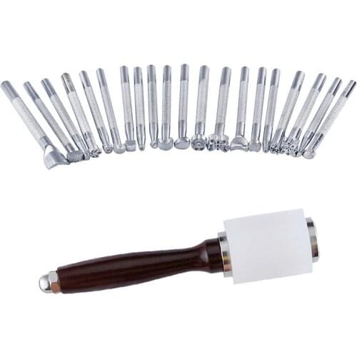 21PCS Stainless Steel Leather Carving Stamps Hammer Beveler Kit DIY Leathercraft Embossed Leather Hand Tools