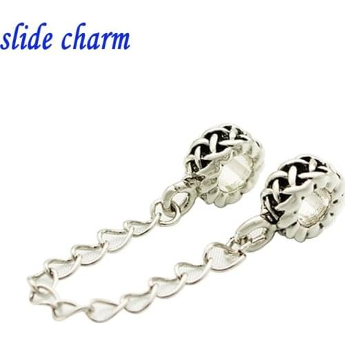 Slide charm Free shipping Childrens birthday gift weave pattern X Safety Chain fashion charm beads fit Pandora charm bracelets