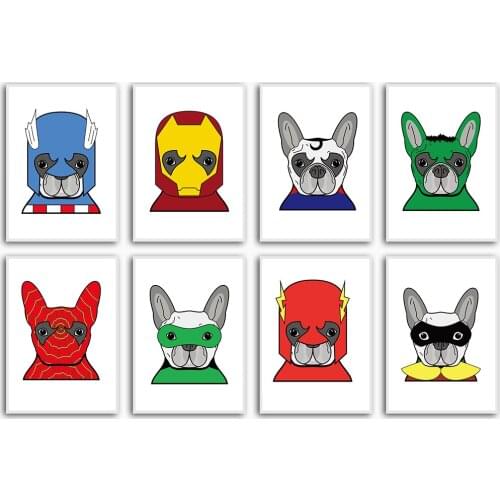 Modern Room Wall Art Super Hero Dogs Animal Set of 8 Prints Nursery Inspirational Painting No Frame Pictures