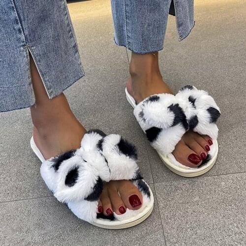 Warm Fluffy Slippers Women Faux Fur Cross Indoor Floor Slides Flat Soft Furry Shoes Ladies Female Non Slip House Shoes Whosale