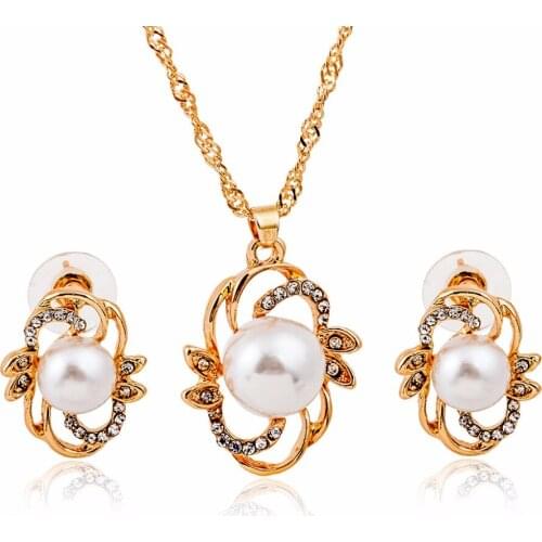Great Simulated Pearl Shiny Crystal Flower Earrings & Necklace Golden Jewelry Sets for Women