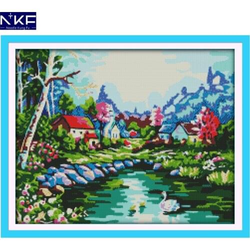 NKF Swan Lake Stamped Cross Stitch Pattern DIY Kits Needlework Embroidery Set Chinese Cross Stitch for Home Decor