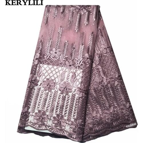 Embroidery Light Purple Tulle Fabric French Lace Beaded&Rhinestone Swiss Voile Net Cloth Sewing Craft Dress KRL-28721
