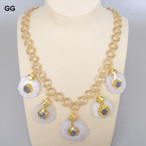 GG Jewelry Unique Festoon Necklace Natural White Quartzs Slice Gray Blue Druzy Gold Color Plated Chain Necklace Earrings Sets