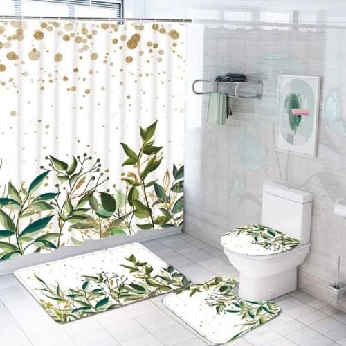 Golden Leaves Shower Curtain Set Flowers Bathroom Curtains Fabric Washable Bath Decoration Hanging Curtain with Hooks Waterproof