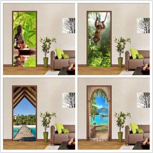 Green Landscape Buddha Statue Art Poster Sticker For Door Home Vinyl Waterproof Decoration Living Room Bedroom Renovation Murals