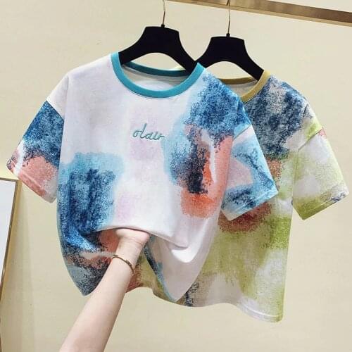 2021 Women Summer T Shirt Tie Dye T-Shirt Streetwear Letter Embroidery Tshirt Harajuku Cotton Short Sleeve Tops Tees Femme