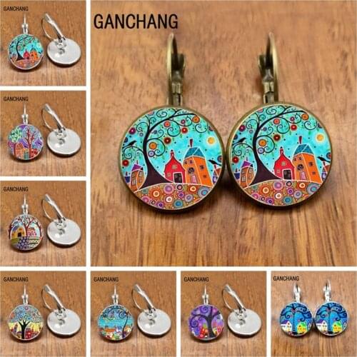 New Arrival Colorful House and Tree Women Stud Earring Abstract Oil Painting House Glass Cabochon Womens Earrings