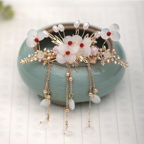 Pearl Gold Tassel Hairgrips Red Crystal Chinese Style Women For Wedding Hair Accessories Handmade Girls Vintage Hair jewelry