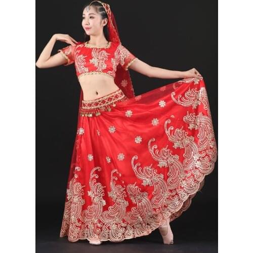 Women Bollywood Dance Costume Set Long Skirt Top Belt Veil 4pcs Belly Dance Indian Sari Outfit Halloween Festival Performance