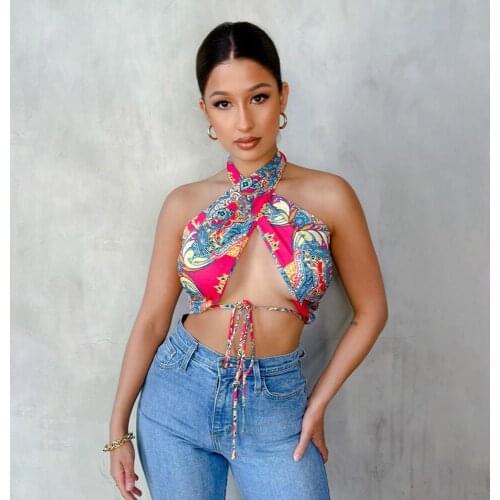 2021Women Summer Tank Tops Floral Tied Cross Straps Sleeveless Backless Crop Tops For Girls For Vacation Holiday Travel Seaside