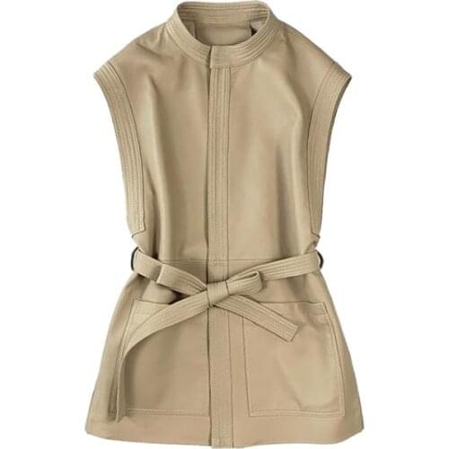 Real Sheepskin Genuine Leather Sleeveless Long Coat Womens Zipper Pockets Overcoat Ladies Bomber Moto Jacket Coats Outerwear