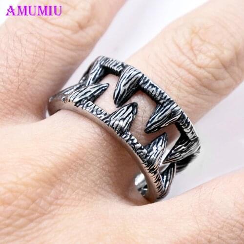 AMUMIU Devil Teeth Animal Teeth Fang Tooth Stainless Steel Ring Mens Biker Rocker Punk Hip Hop R056