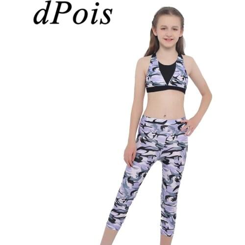 Kids Girls Athletic Suit Ballet Gymnastics Outfits Camouflage Tracksuit Dancewear Impact Cut Out Crop Top Bra + Pants Yoga Sets