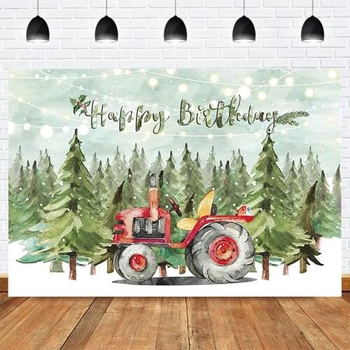 Winter Happy Birthday Party Backdrop for Children Adult Light Winter Jungle Forest Red Truck Photo Background Snow Wonderland