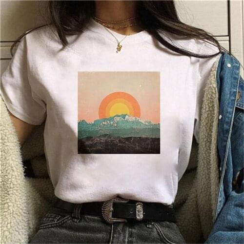 Great wave and Sunrise Printing Women T Shirt Aesthetic Tshirts Short Sleeve Simple White Top Tee Female Harajuku T-Shirts Woman