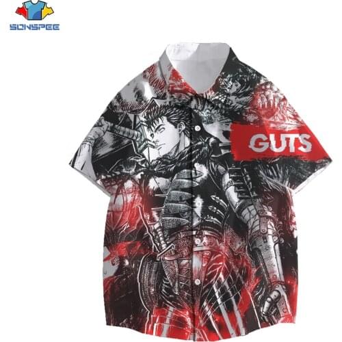 SONSPEE Hawaiian Shirt Anime Print Berserk Guts Men Women Summer Beach Oversized Casual Harajuku Short Sleeve Shirts Tops