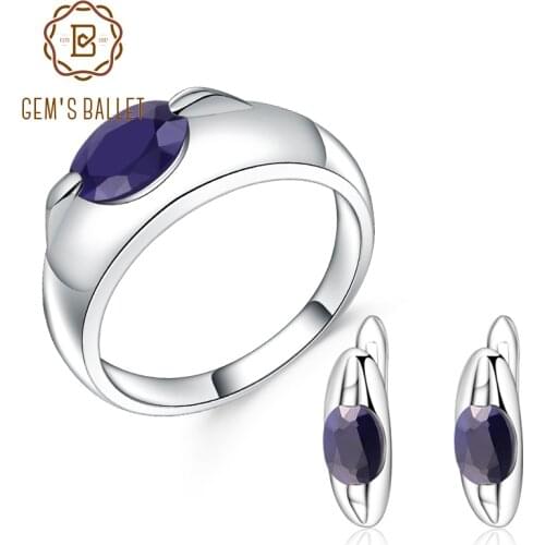 GEMS BALLET 925 Sterling Silver Classic Gemstone Jewelry Sets Natural Blue Sapphire Ring Earrings Set For Women Mother Gift