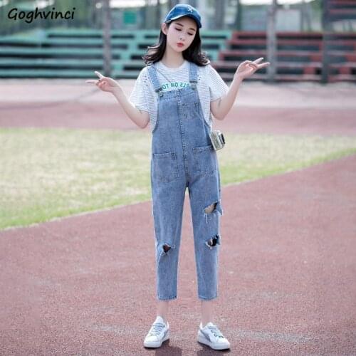 Jumpsuits Women Hole Regular Ripped Ankle-length Pockets Leisure Womens Harajuku Ulzzang Fashion All-match Washed Chic Soft New