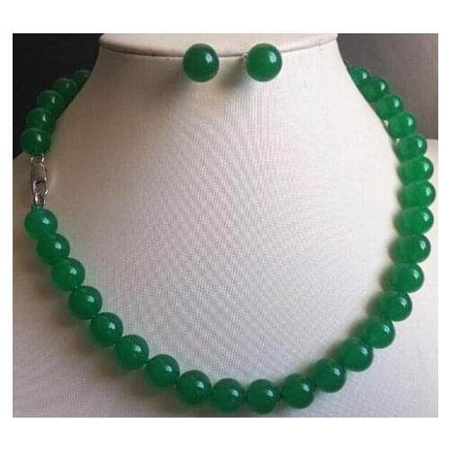Woman natural Real Perfect stone Jewelry Set 17inch 10MM Green stone Necklace Earrings Set hook -jewelry