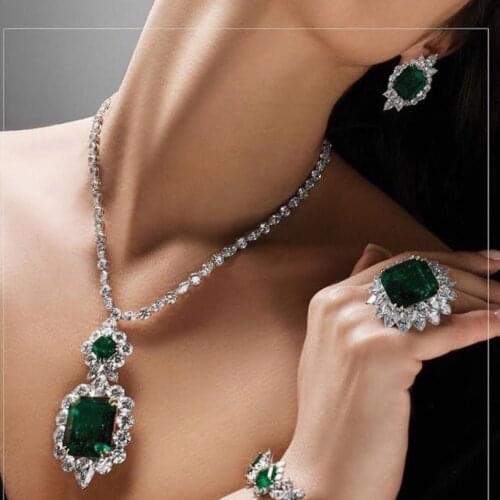 Trendy Lab Emerald Jewelry set White Gold Filled Promise Party Wedding Earrings Necklace For Women Bridal Gemstone Jewelry