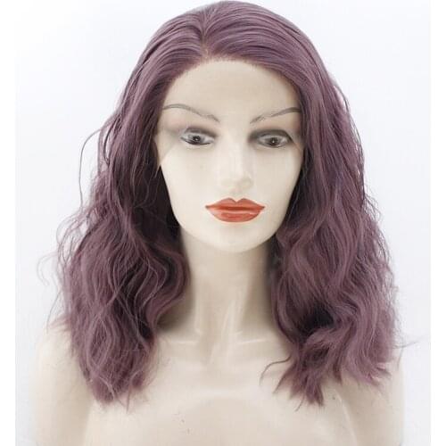 Short Bob Curly Wavy Wig 150%Density Synthetic Lace Front Wig Purple Wigs for Women 14inch Side Parting Glueless Heat Resistant