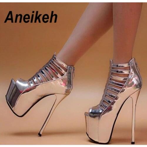 Aneikeh 2019 Fashion PU Round Toe Super High Thin Heel Women Sandals Boots Zipper Hollow Out Short Tube Platform Party Silver 40