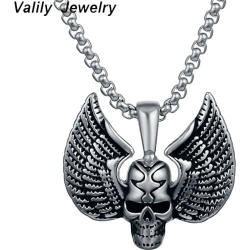 Valily Wholesale Stainless Steel Skull Pendant Necklace For Man Punk Wing Necklace Jewelry Good Detail Chain Necklaces Jewelry