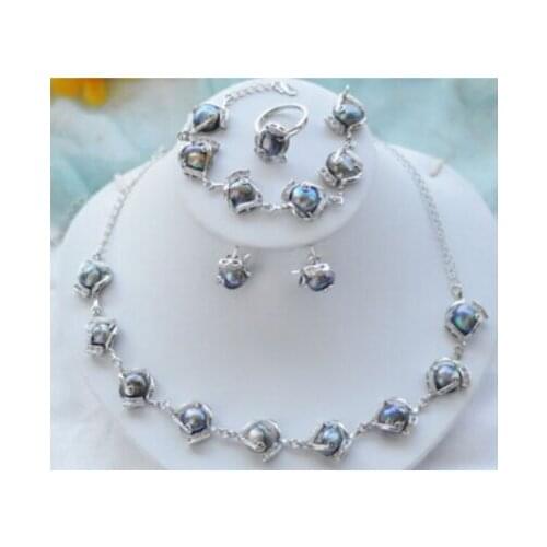 Ddh001322 Set black baroque freshwater pearl earring bracelet necklace