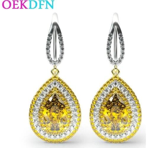 OEKDFN 100% 925 Sterling Silver Earrings Water Drop Pear Citrine Gemstone Long Drop Dangle Hook Wedding Engagement Earrings