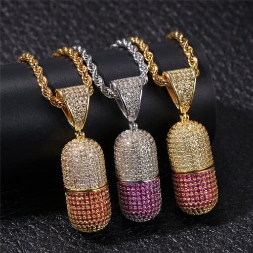 Full Cubic Zircon Pill Capsule Pendants Hip Hop Necklace Bling Iced Out Copper Locket Rapper Jewelry Detachable Gift