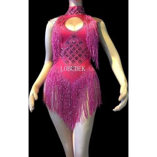 Rose Tassels Glass Crystals Bodysuit Rhinestones Sleeveless Bodysuits Women Sexy Nightclub DJ Singer DS Costume Jazz Dance Wear