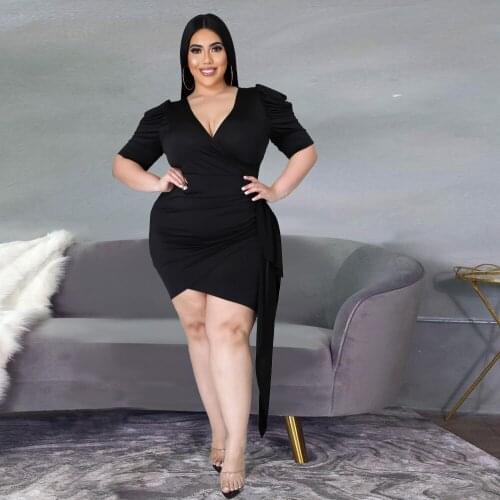 ChocoMisty-LadyPlus Plus-size Dresses V Neck Puff Sleeve Lace-up Mini Dress HY002