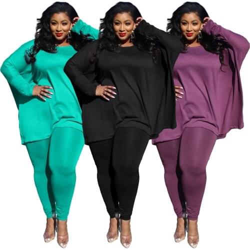 Casual Women Pure Color Tracksuits Plus Size XL-5XL O-Neck Loose Pullover Tops + Elastic Waist Skinny Pants Autumn Outfits