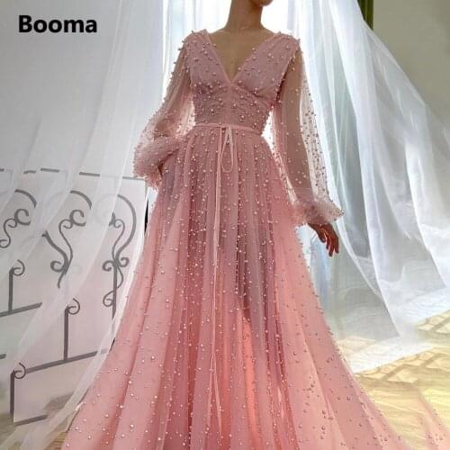 Pink Heavy Beaded Pearls Prom Dresses Deep V-Neck Long Sheer Sleeves Formal Gowns Ribbon Sashes Ruched A-Line Party Dresses