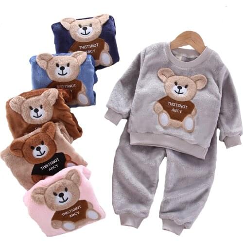 Warm Velvet Clothing Set For Boys And Girls Winter Cartoon Bear Kids Suit Shirt+Pants 2pcs Outfits Toddler Children Clothes