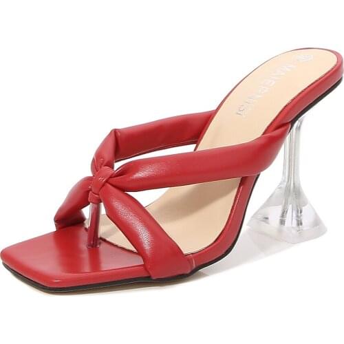 The new herringbone square toe wine glass heel slippers stiletto open toe flip flops sandals and slippers high heels