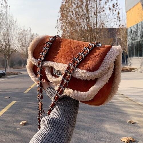High Quality Lamb Hair Bag Womens Autumn/winter 2021new Fashion Rhombic Chain Crossbody Bag Large Capacity Frosted Shoulder Bag