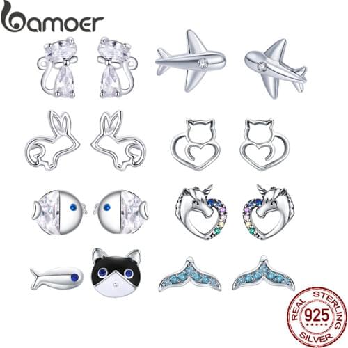 BAMOER Hot Sale 100% 925 Sterling Silver Blue Zircon Mermaid Fishtail Small Stud Earrings for Women Silver Jewelry BSE058