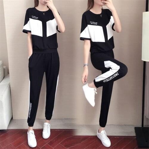 Womens Summer Sportswear Suit Casual 2 Piece Outfits Korean Fashion Tracksuit Short Sleeve T-Shirts + Pants Set