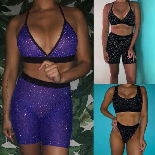 Womens Bling Sexy Lingerie Nightwear Underwear G-string Babydoll Sleepwear Set Tops + Panties