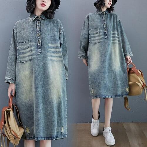 Extra Large Size Denim Coat Shirt Women Korean Clothes Loose Vintage Spring Fashion Hole Long-Sleeve Casual Jeans Dress Outwear