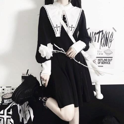 New Spring Autumn Women Black Long Sleeve Dress Gothic Harajuku Punk Vintage Dress Streetwear Casual Fashion Mini Dress