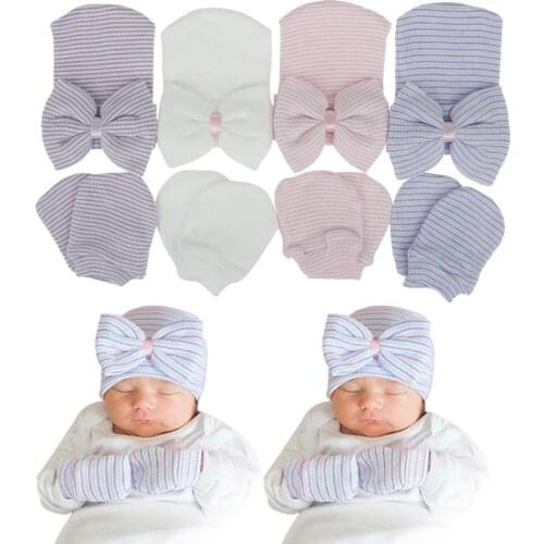 10sets Newborn Baby Births Cap Glove Set Cotton Kids Infants Anti-scratch Gloves Hat Gifts New Winter Autumn Newborn Infant Hat