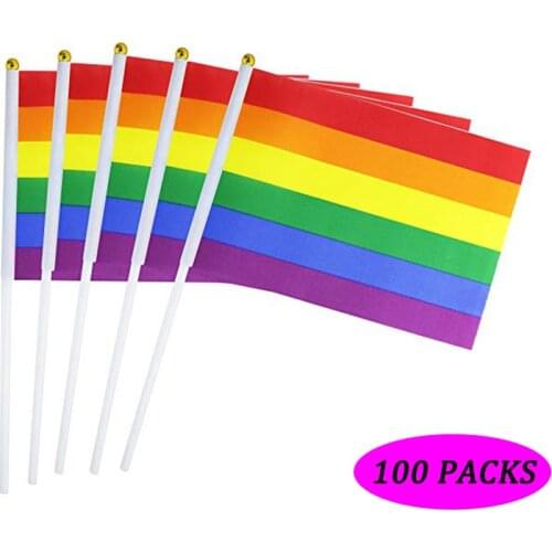 100 Packs Gay Pride Rainbow Flags Mini Hand Held LGBT Stick Flags Pride Flag Bunting for Parades Mardi Gras Rainbow Festival